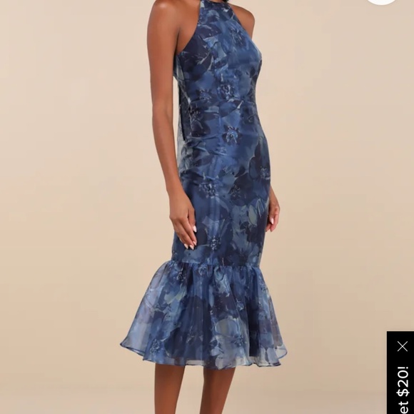 Lulus Admirable Essence Navy Blue Floral Organza Trumpet Midi Dress - Size L - Picture 3 of 4